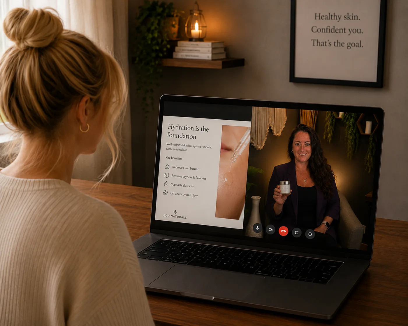 A client on a video call with Jen, reviewing skincare recommendations on screen